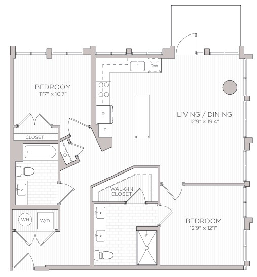 Floor plan for 2 beds, 2 baths, 1167 sqft